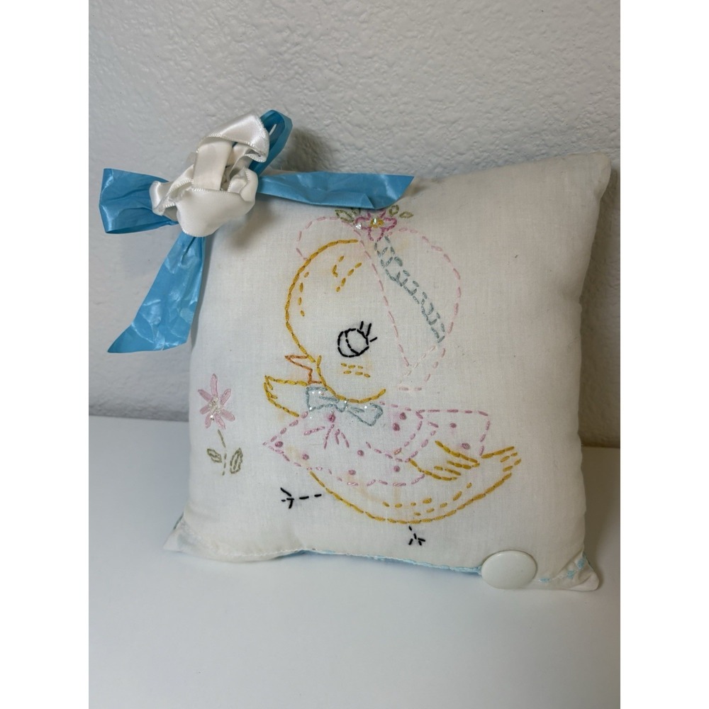 Vintage Embroidered Baby Duck Pillow Handmade Nursery Decor Blue Pink 7 Inch